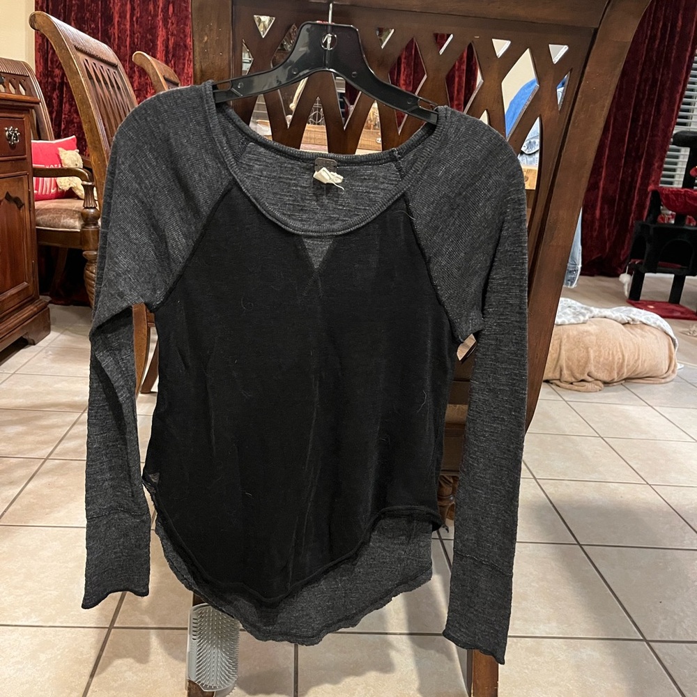 We The Free Asymmetrical Raglan Blouse Black and Gray